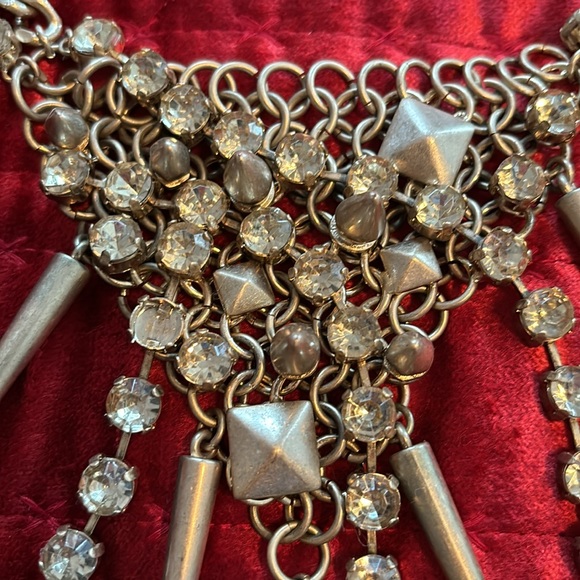 Statement Necklace!  Matte Gold Crystals Metal Mesh Spikes Goth - Picture 4 of 10